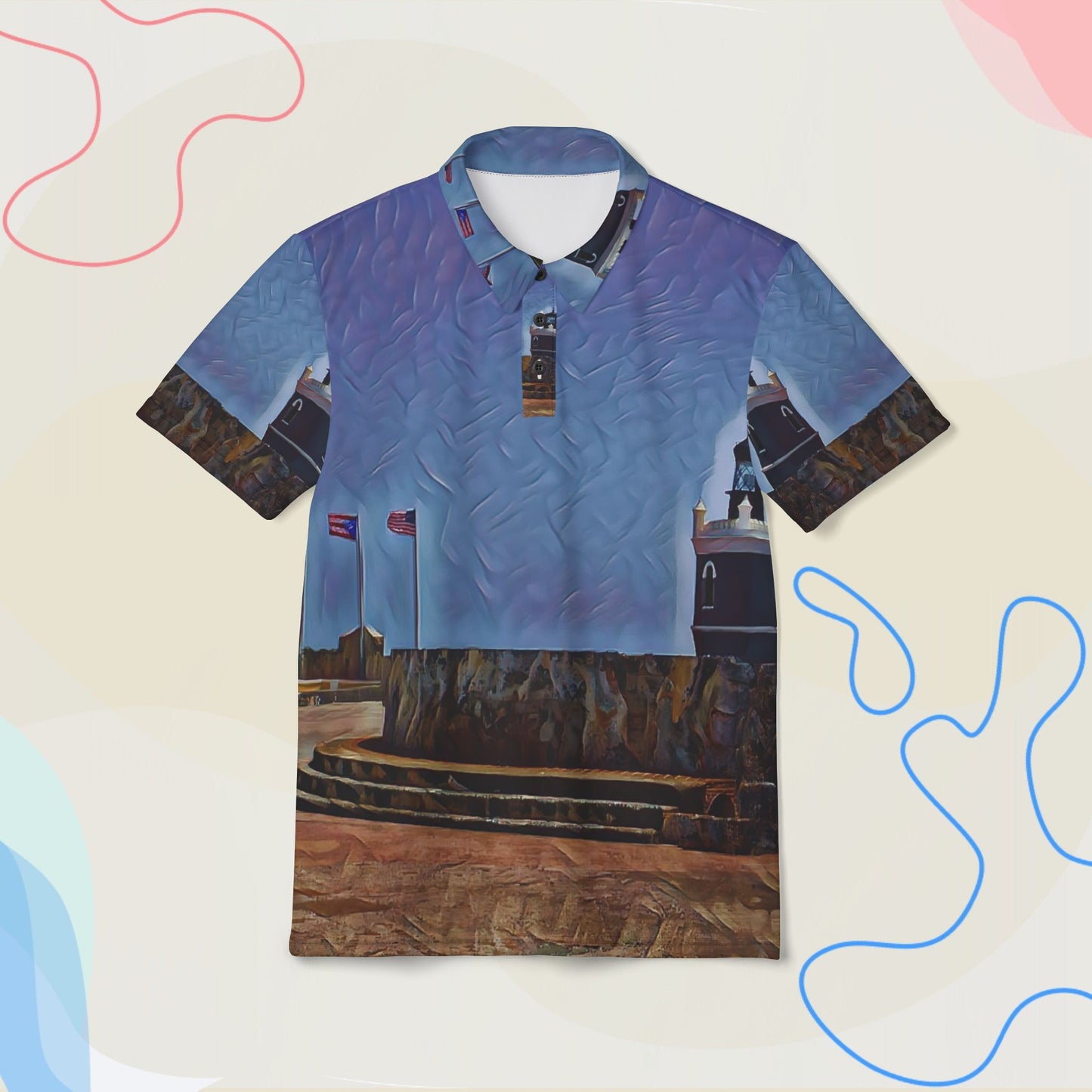 "A Historic Lighthouse: Flags and Textured Stonework."