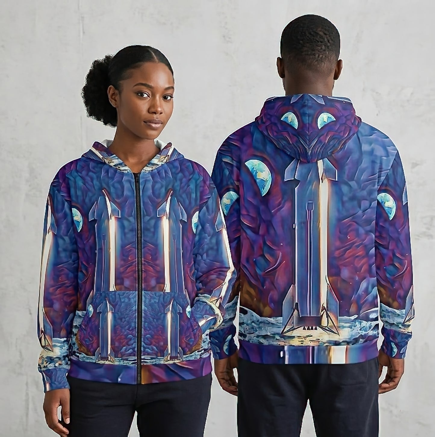 Starship Moon Landing Unisex All Over Print Zip Hoodie